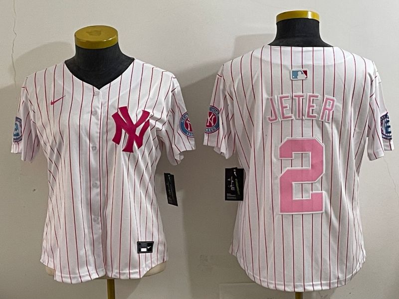 Women 2025 New York Yankees #2 Jeter White pink Joint Name Nike MLB Jersey style 3